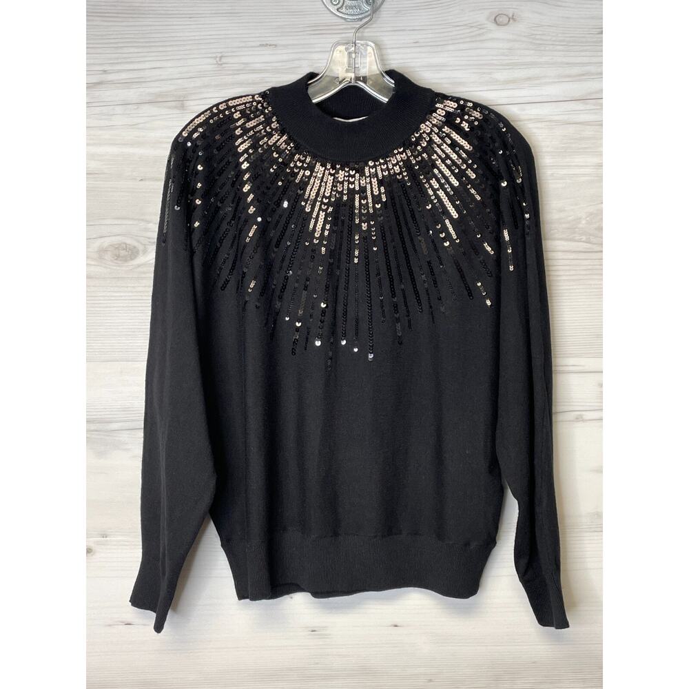 Carmen Marc Valvo Sweater Womens Small Black Sequin Long Sleeve Pullover